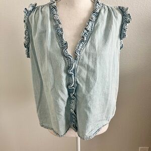 Elan Soft Blue Ruffle Accent Blouse